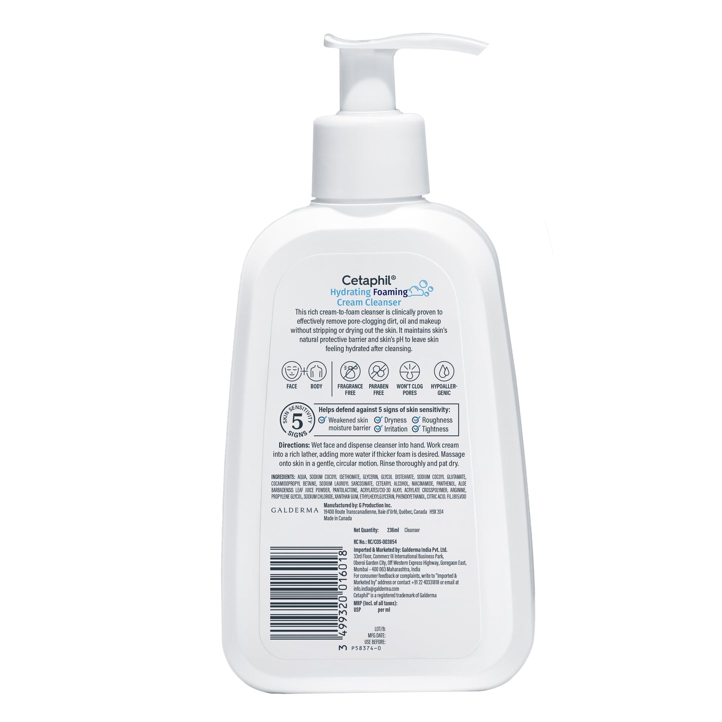 Cetaphil Hydrating Foaming Cream Cleanser 236 ml | Dermat Tested